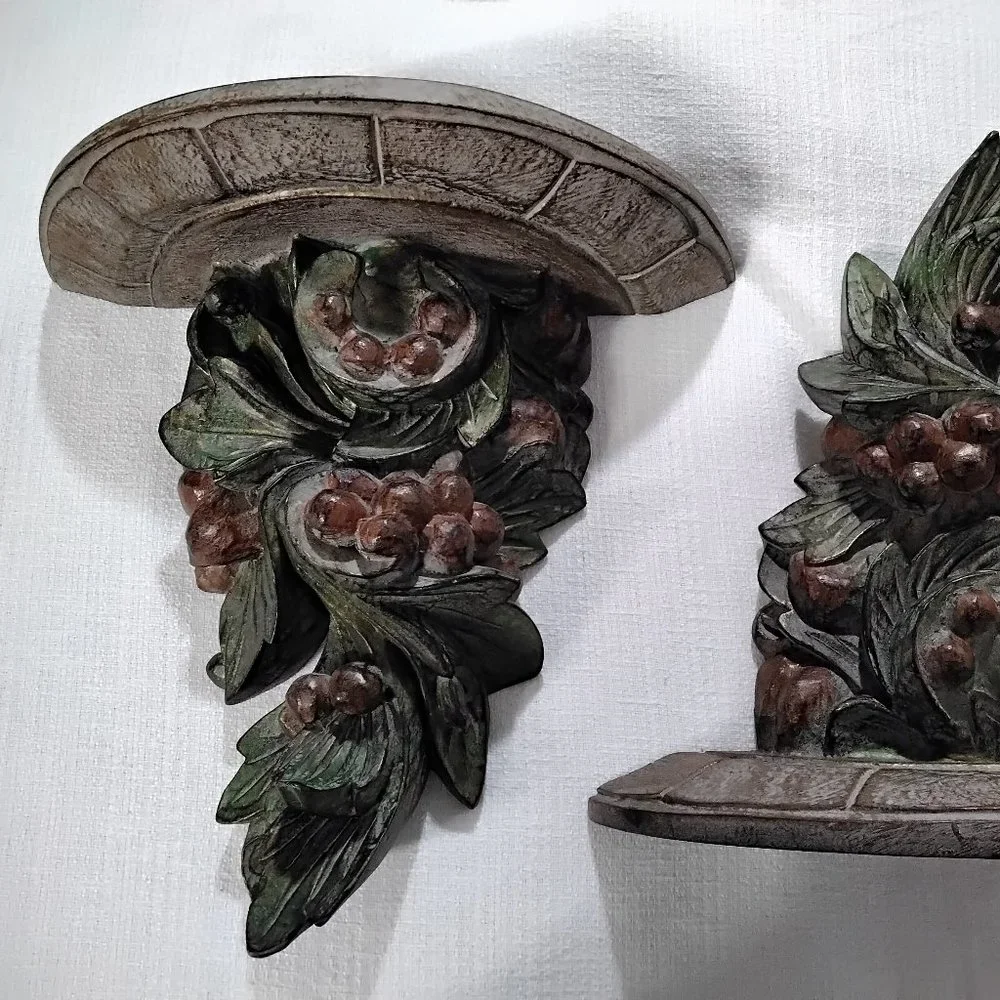 Wall Mounted Display Shelve Stand Hardwood Sculpt Sconces Carved Decor Set of 2